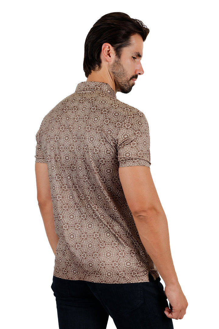 Barabas Men's Geometric Floral Shiny Short Sleeve Polo Shirts 3P08 Brown Cream