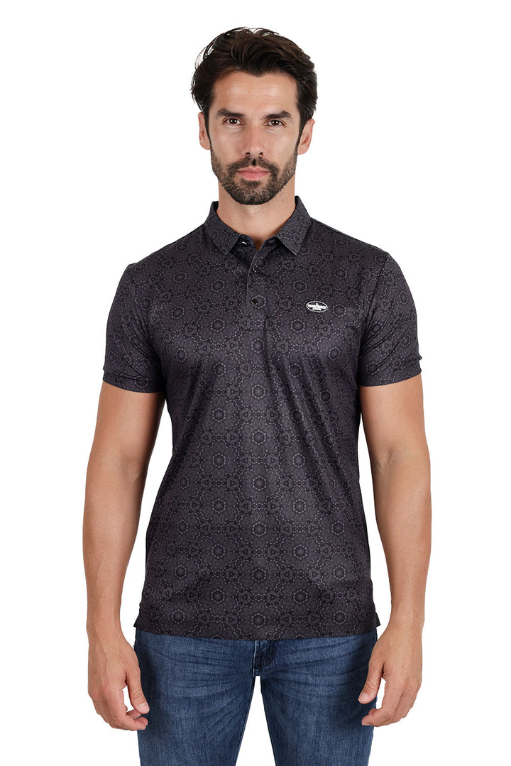 Barabas Men's Geometric Floral Shiny Short Sleeve Polo Shirts 3P08 Black Charcoal
