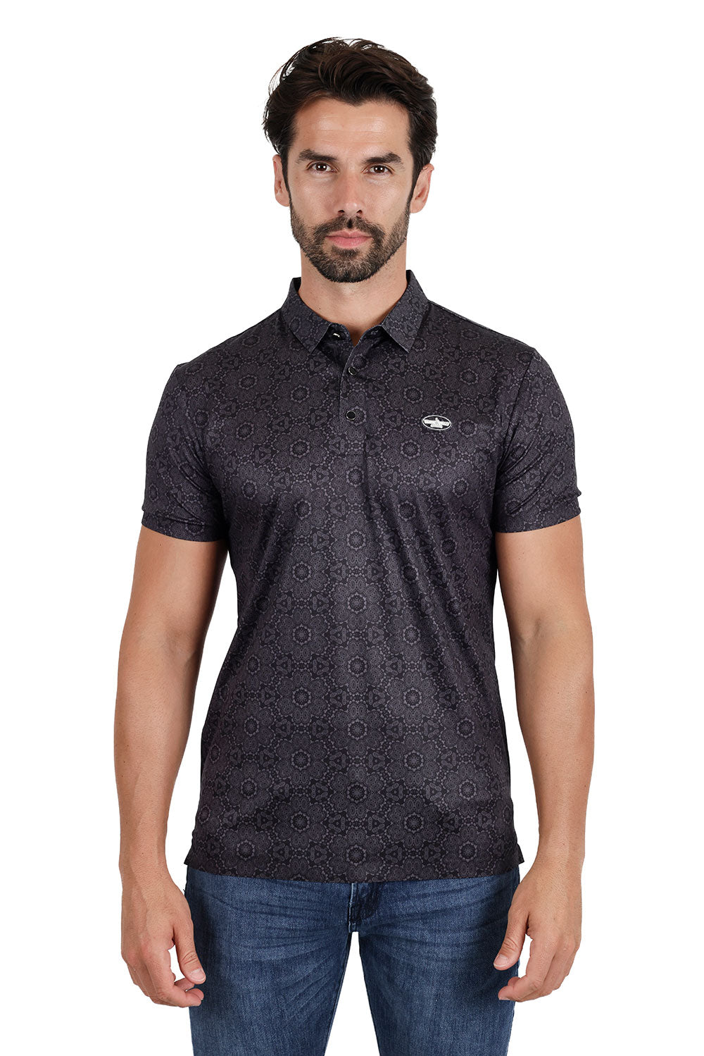 Barabas Men's Geometric Floral Shiny Short Sleeve Polo Shirts 3P08 Black Charcoal