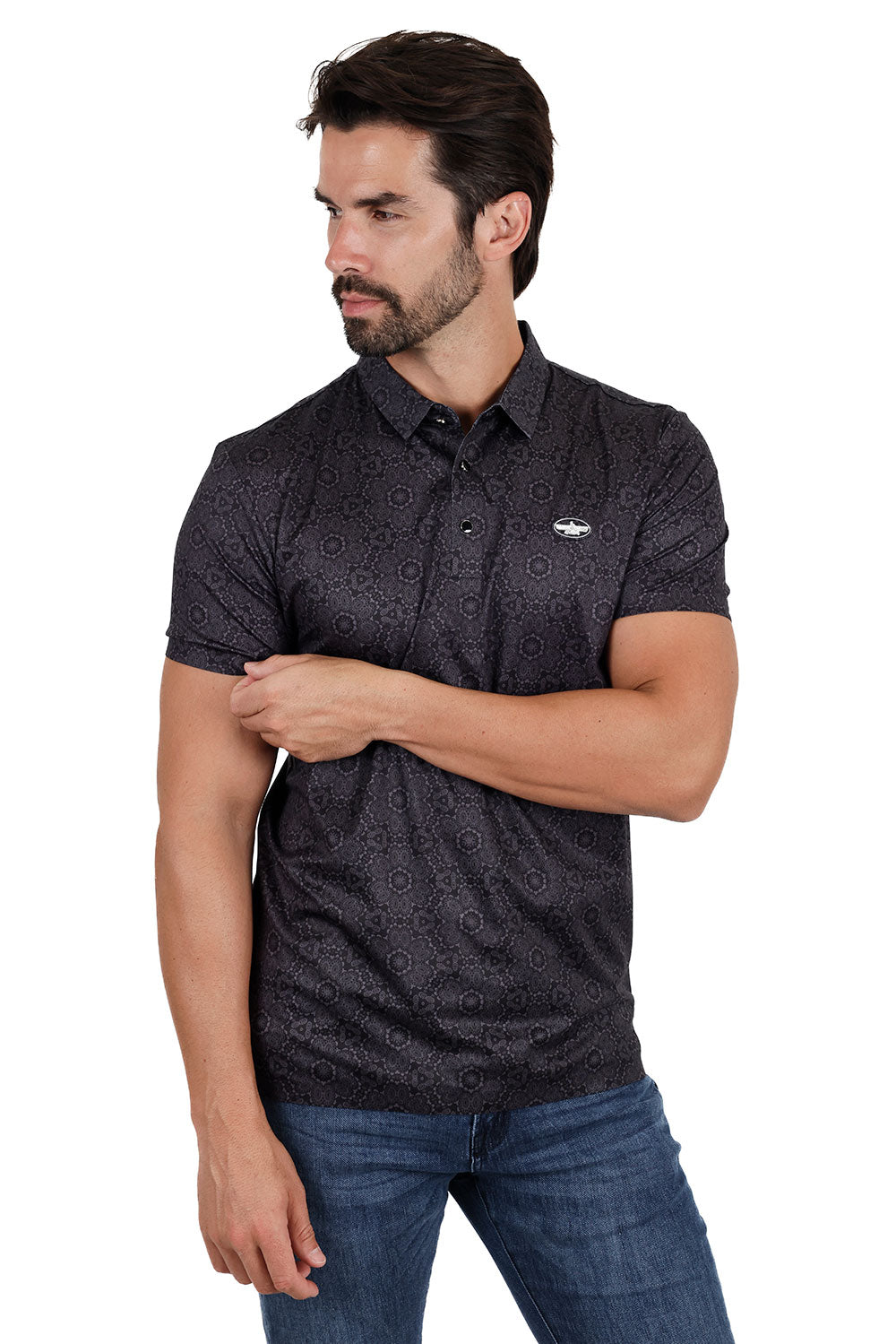 Barabas Men's Geometric Floral Shiny Short Sleeve Polo Shirts 3P08 Black Charcoal