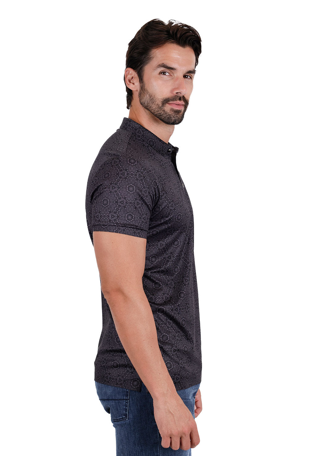 Barabas Men's Geometric Floral Shiny Short Sleeve Polo Shirts 3P08 Black Charcoal