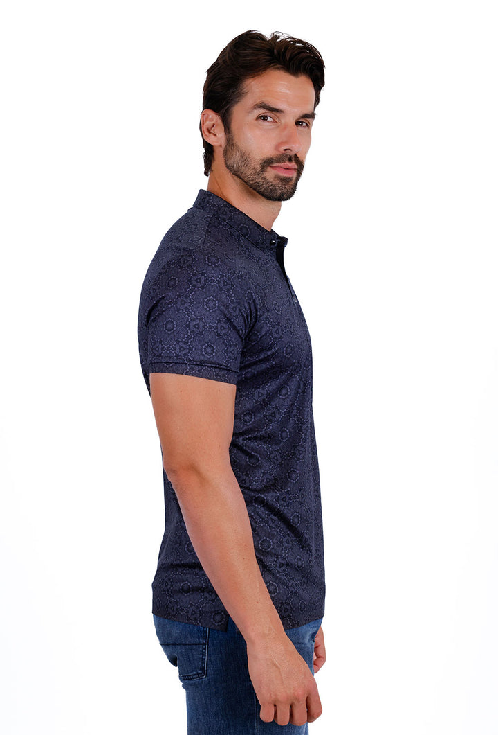 Barabas Men's Geometric Floral Shiny Short Sleeve Polo Shirts 3P08 Navy Black