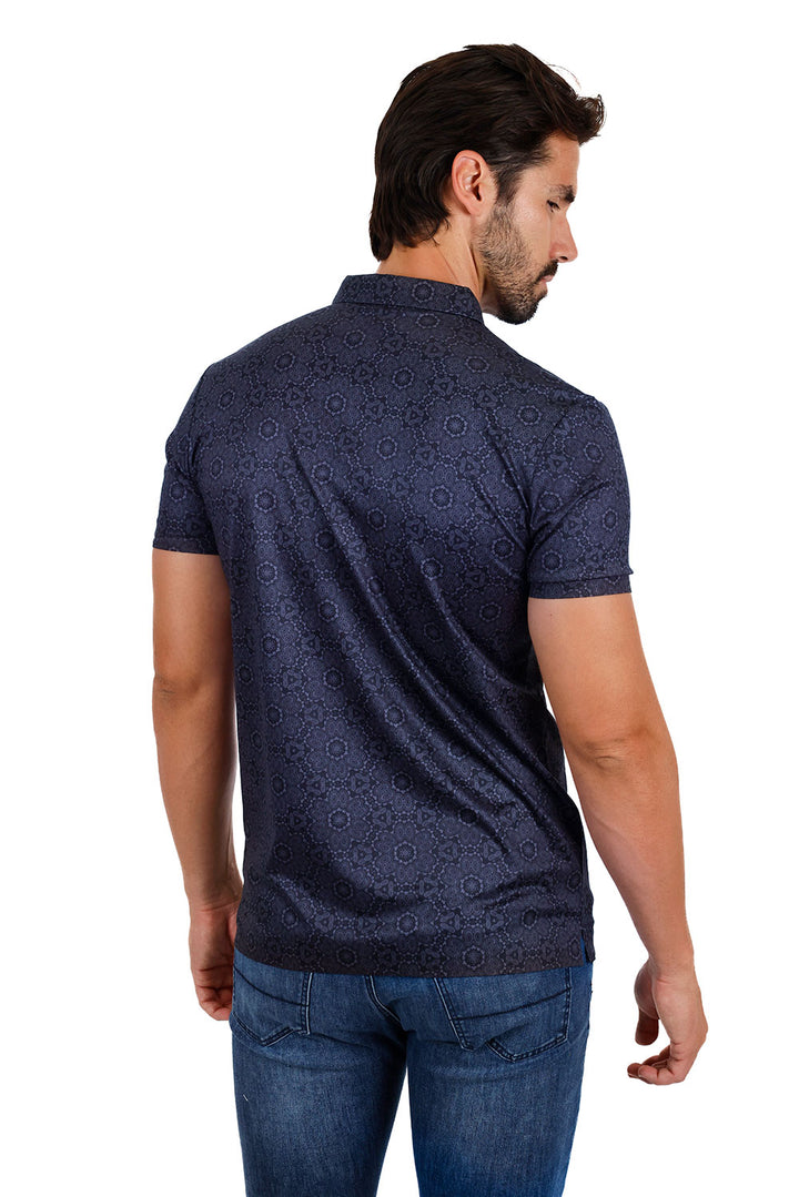 Barabas Men's Geometric Floral Shiny Short Sleeve Polo Shirts 3P08 Navy Black