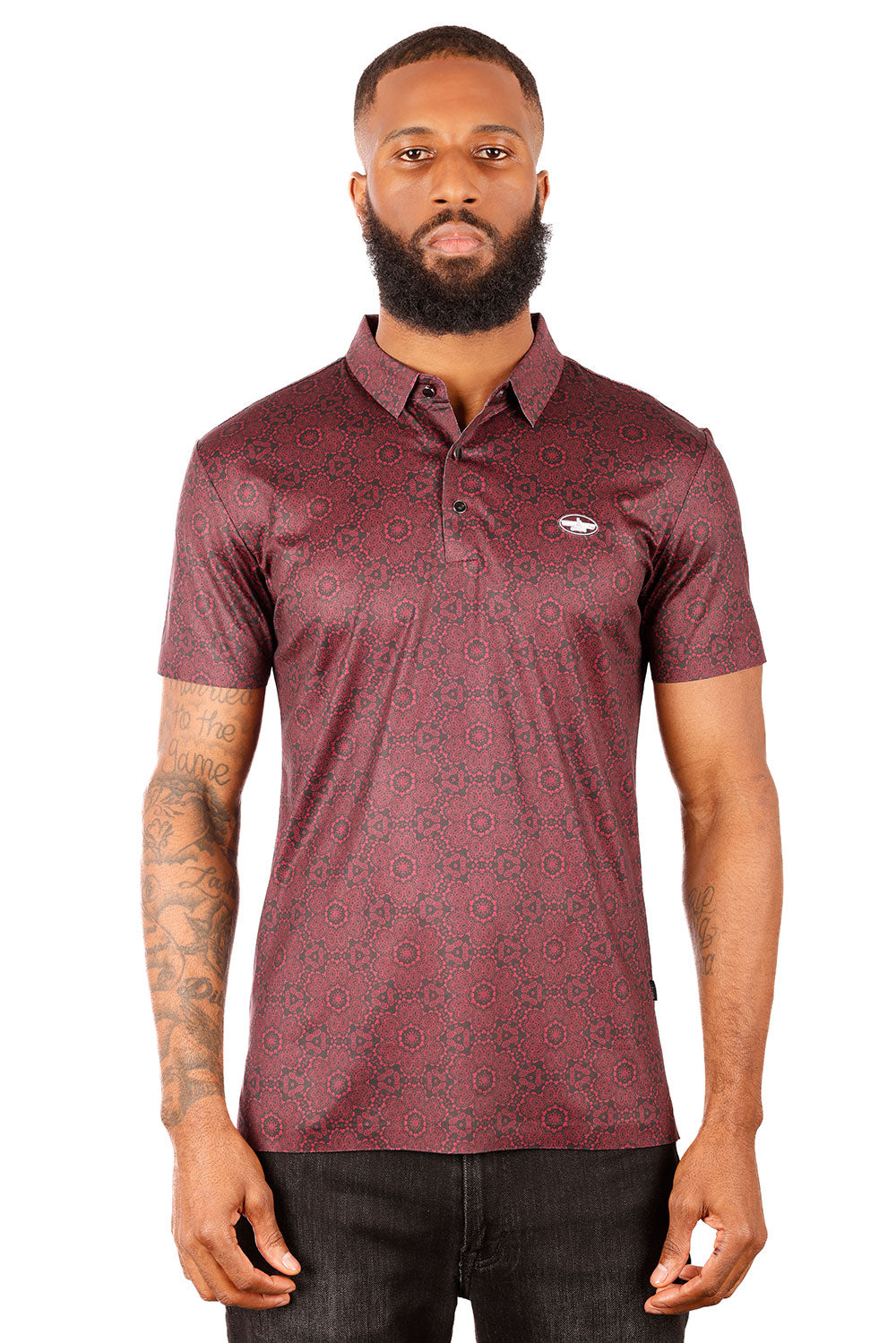 Barabas Men's Geometric Floral Shiny Short Sleeve Polo Shirts 3P08 Burgundy Black