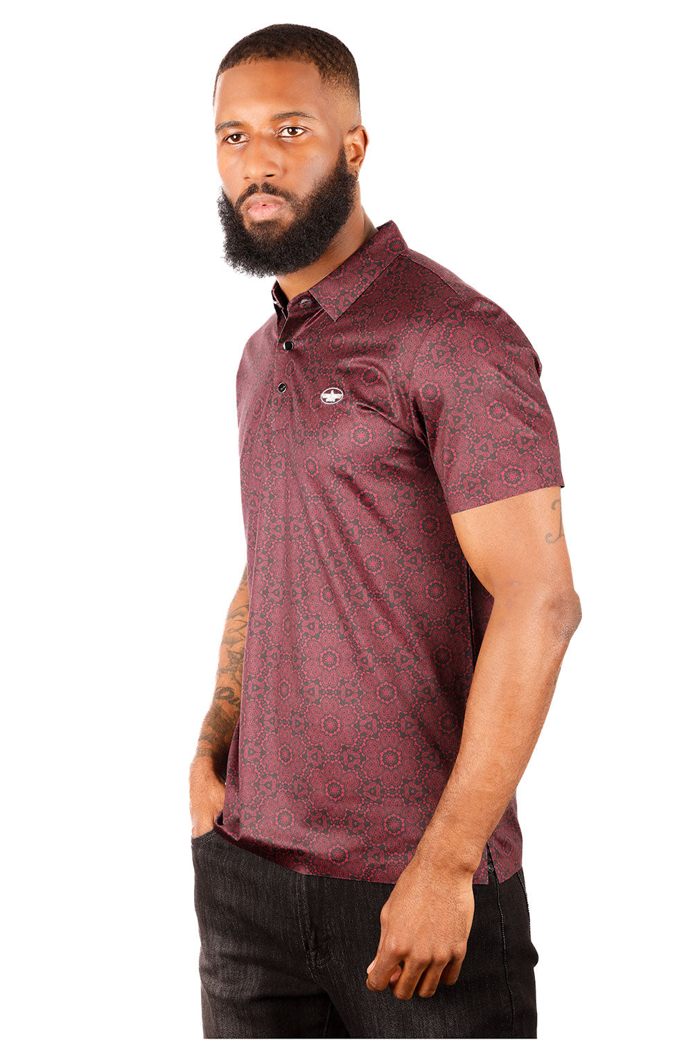 Barabas Men's Geometric Floral Shiny Short Sleeve Polo Shirts 3P08 Burgundy Black