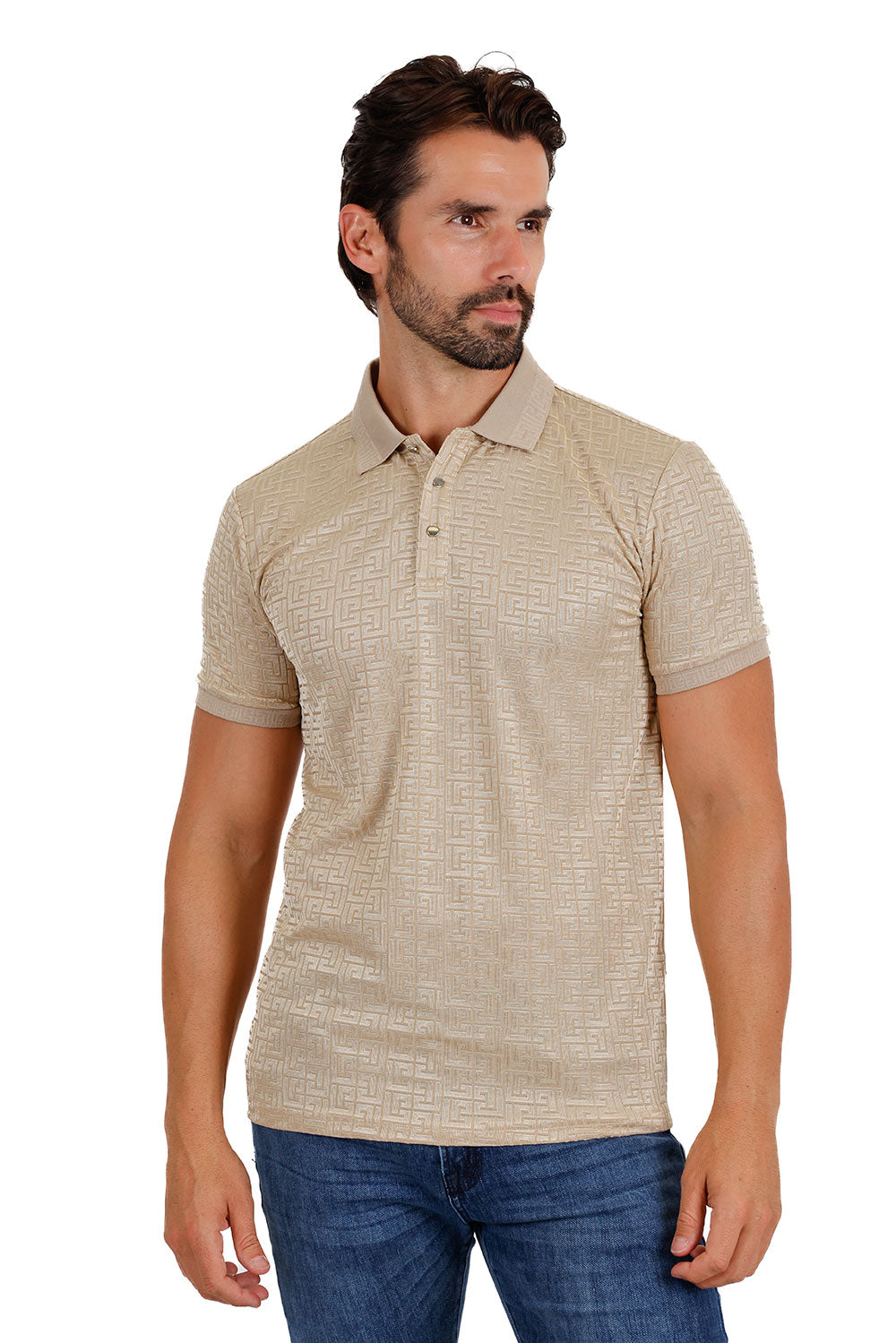 BARABAS Men's Greek Key Pattern Stretch Short Sleeve Polo Shirt 3P10 gold