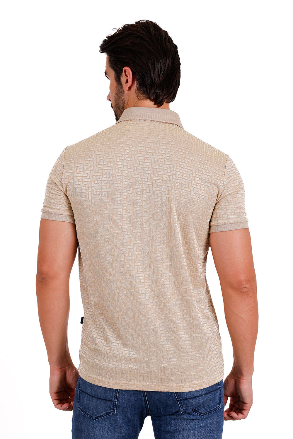 BARABAS Men's Greek Key Pattern Stretch Short Sleeve Polo Shirt 3P10 Beige