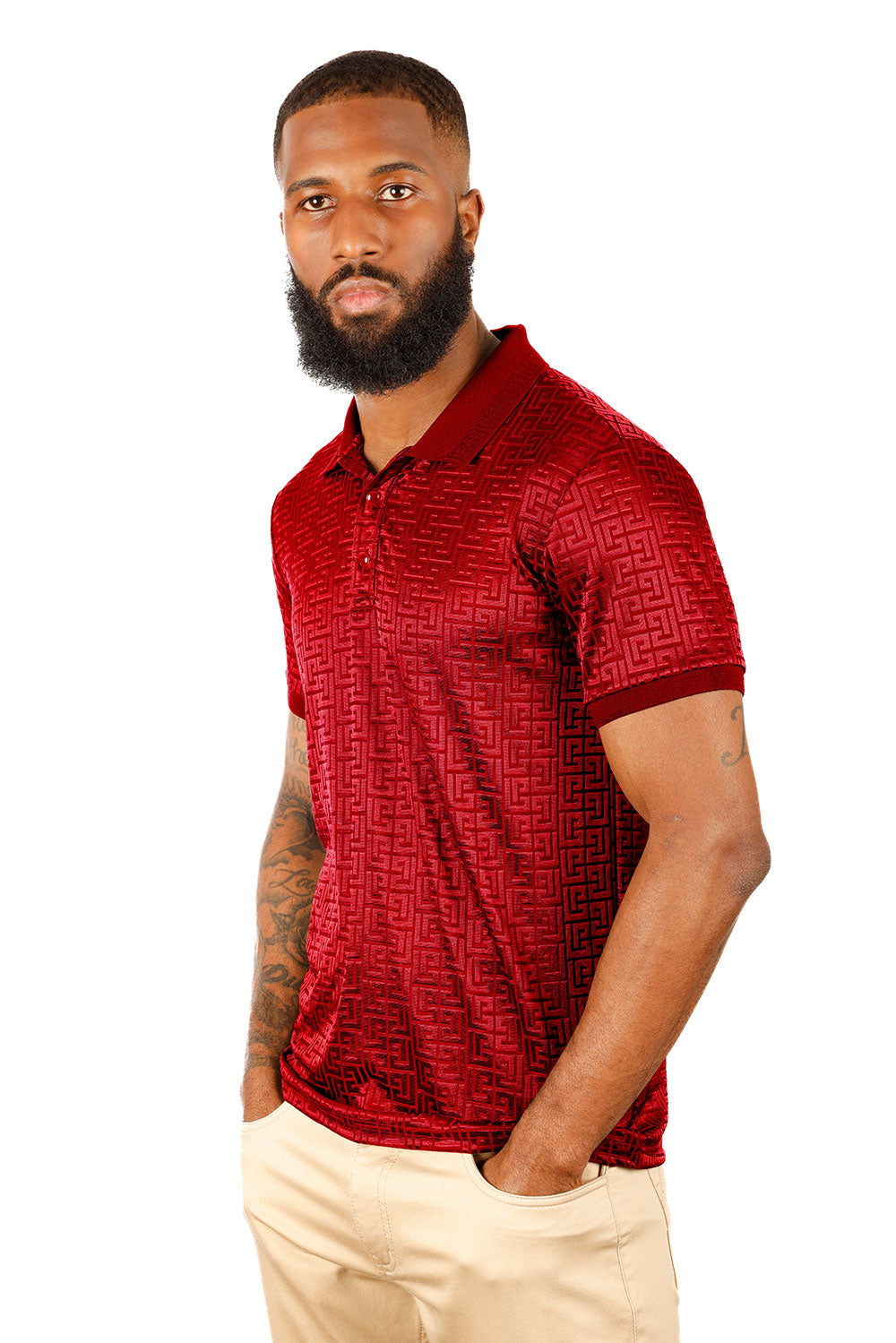 BARABAS Men's Greek Key Pattern Stretch Short Sleeve Polo Shirt 3P10 Red