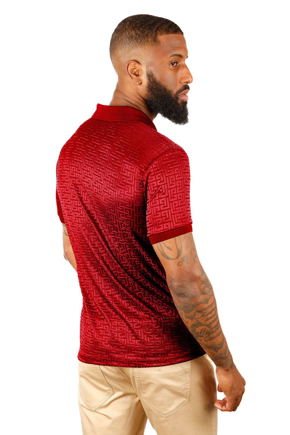 BARABAS Men's Greek Key Pattern Stretch Short Sleeve Polo Shirt 3P10 Red