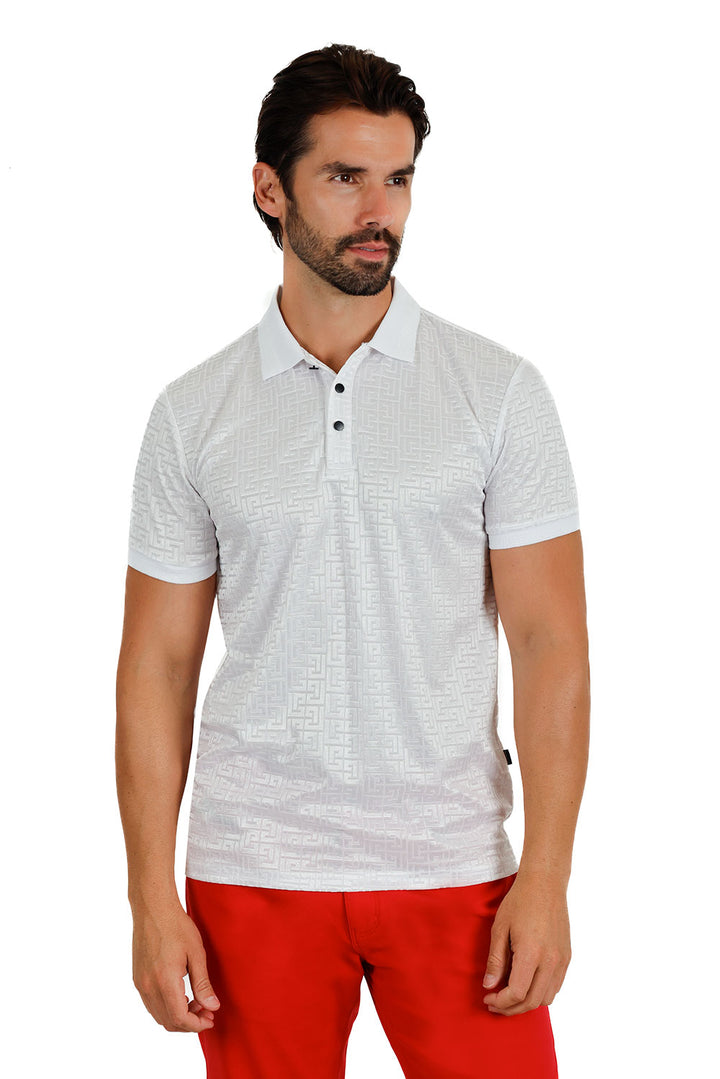 BARABAS Men Greek Key Pattern Stretch Polo Shirt 3P10 White