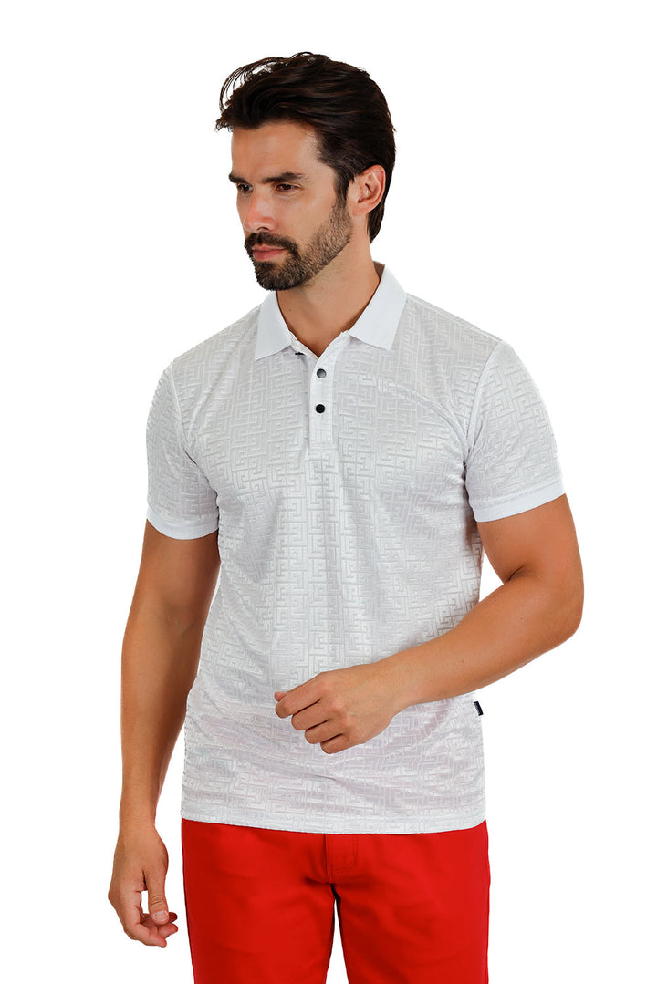 BARABAS Men Greek Key Pattern Stretch Polo Shirt 3P10 White
