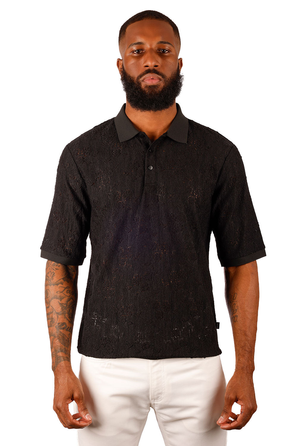 Barabas Men's French Crochet Floral Short Sleeve Polo Shirts 3P13 Black 