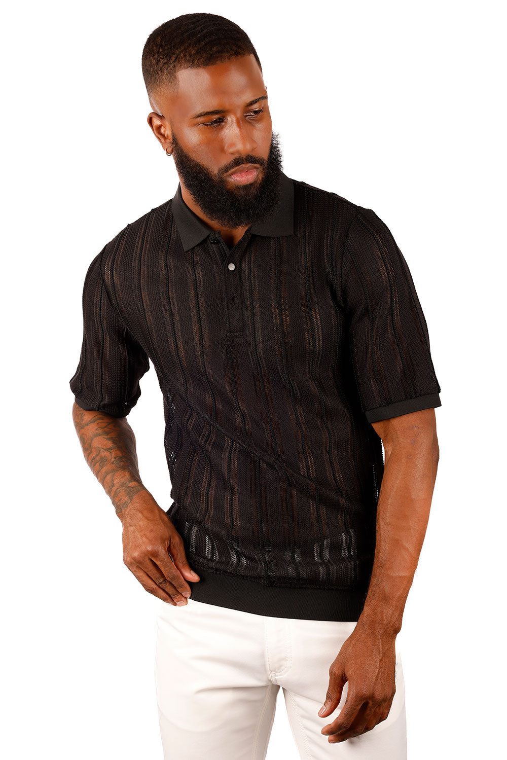 Barabas Men's Voven Crochet Stripped See Through Polo Shirts 3P14 Black