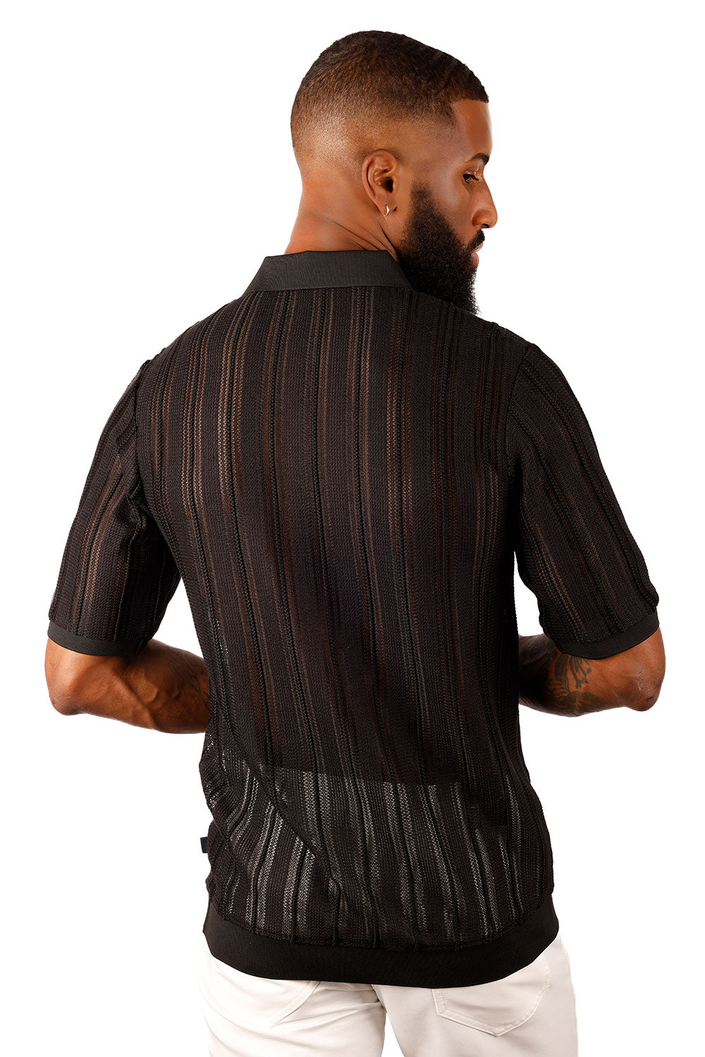 Barabas Men's Voven Crochet Stripped See Through Polo Shirts 3P14 Black