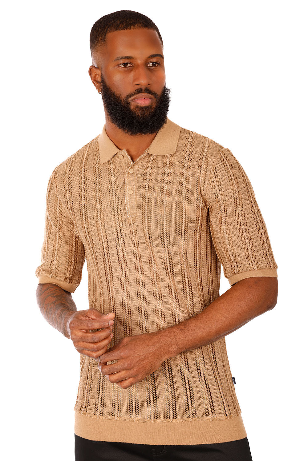 Barabas Men's Voven Crochet Stripped See Through Polo Shirts 3P14 Brown