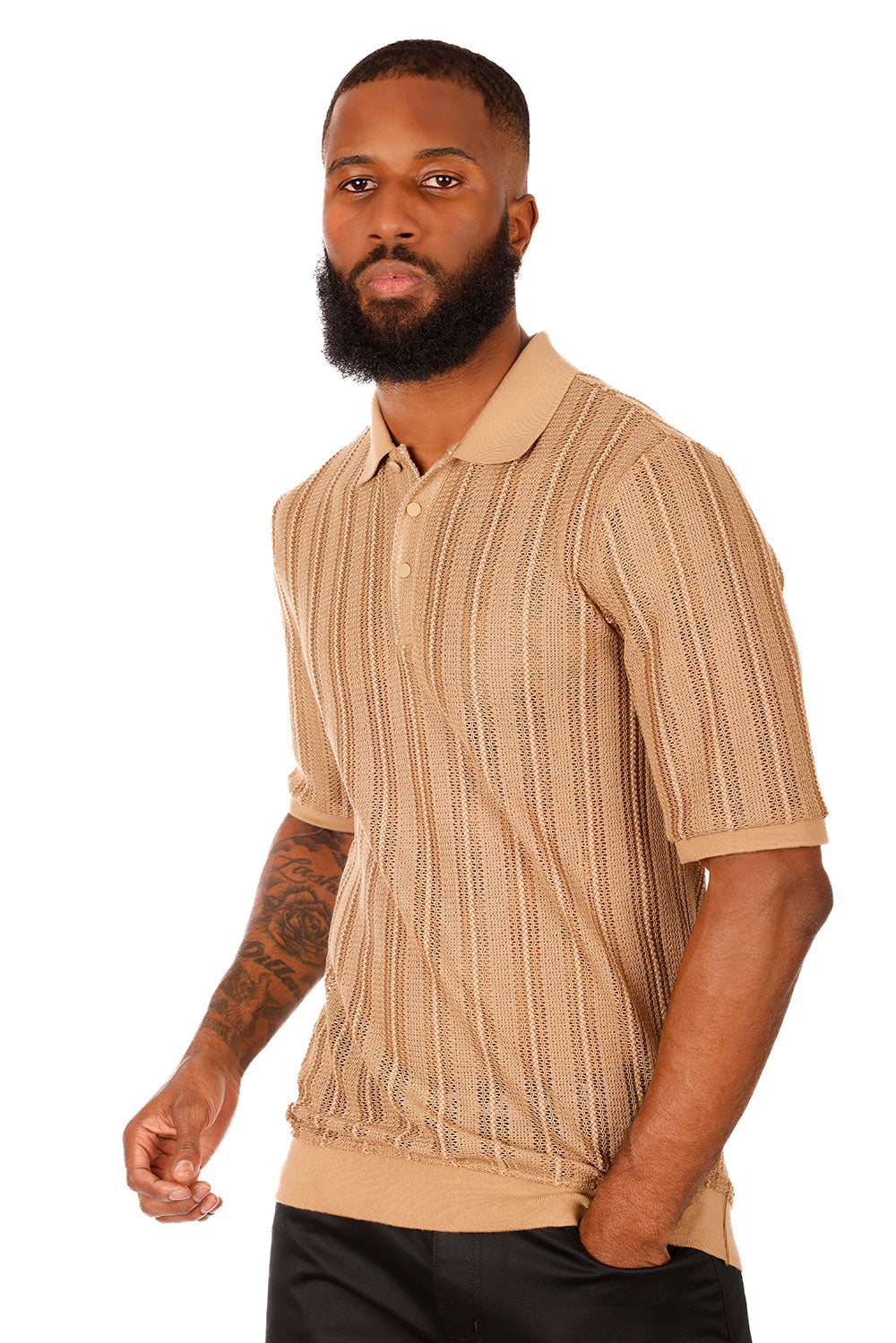 Barabas Men's Voven Crochet Stripped See Through Polo Shirts 3P14 Brown