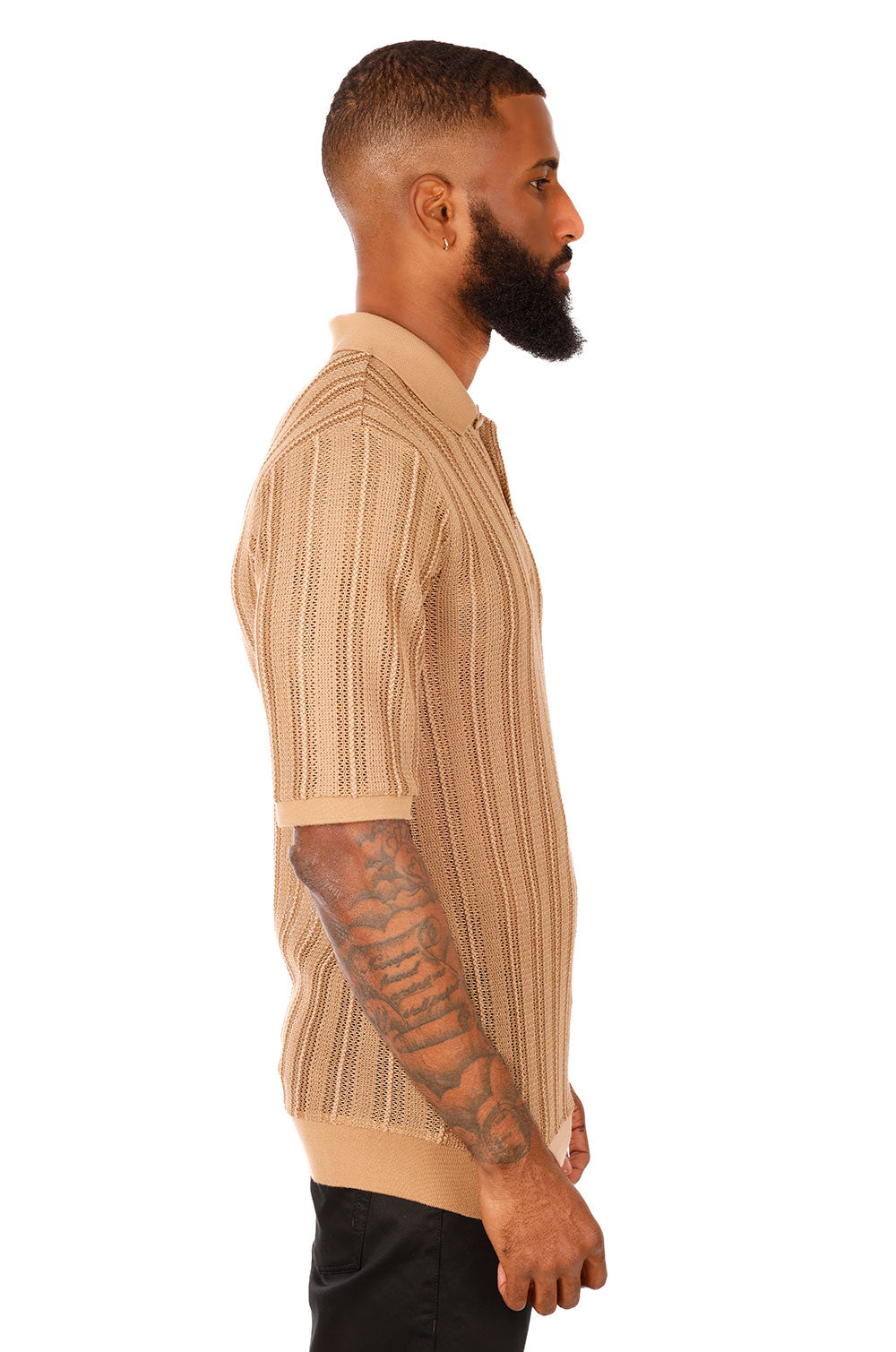 Barabas Men's Voven Crochet Stripped See Through Polo Shirts 3P14 Brown