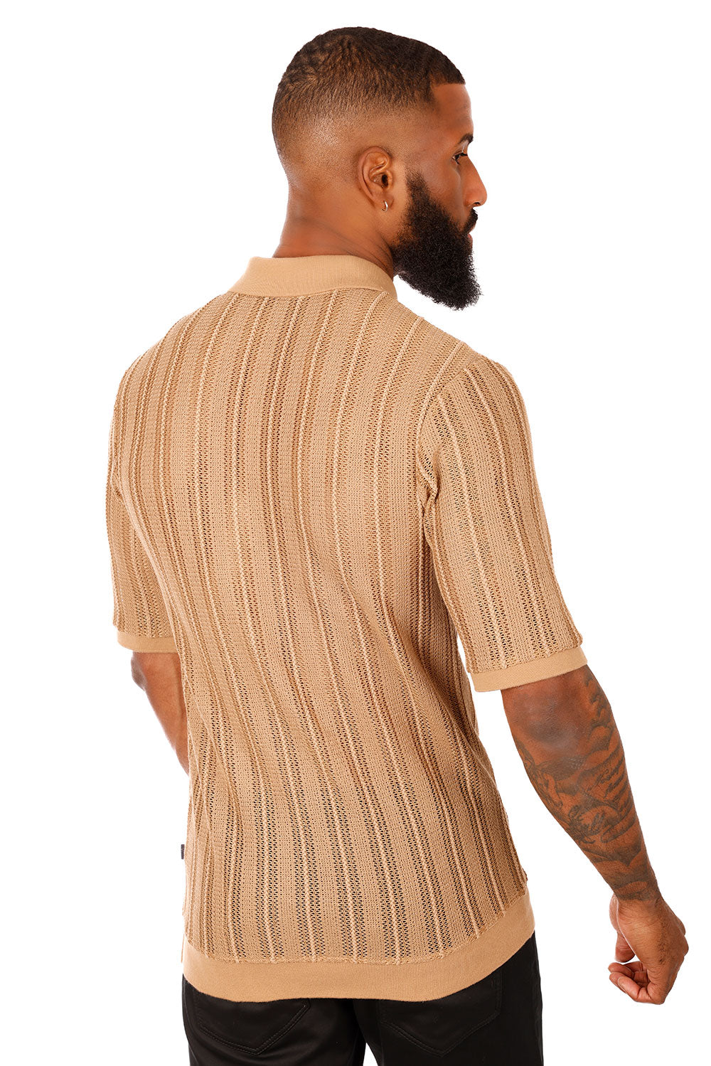 Barabas Men's Voven Crochet Stripped See Through Polo Shirts 3P14 Brown
