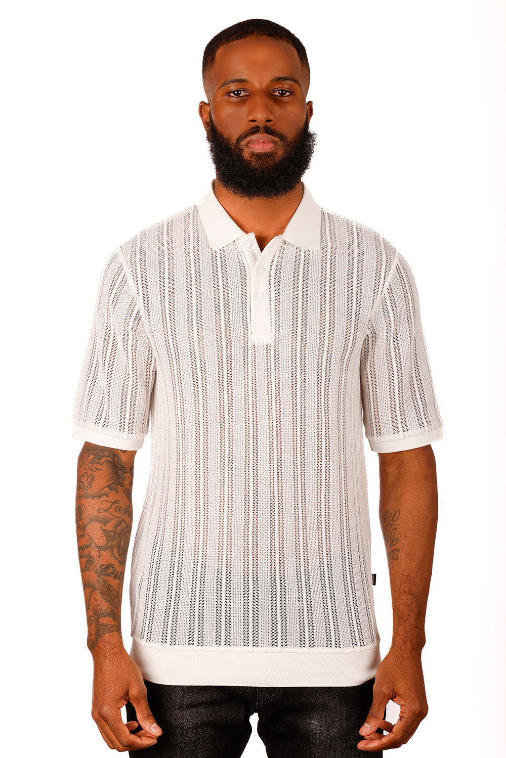 Barabas Men's Voven Crochet Stripped See Through Polo Shirts 3P14 White