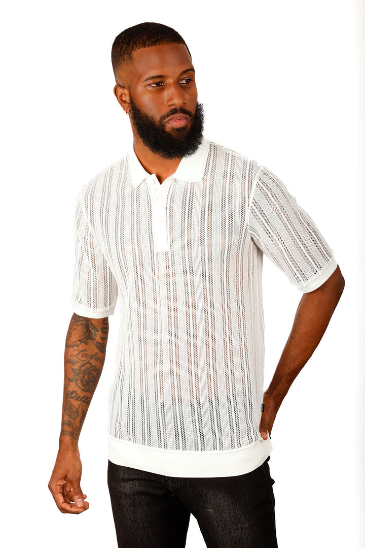 Barabas Men's Voven Crochet Stripped See Through Polo Shirts 3P14 White