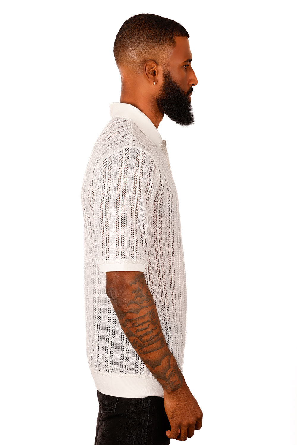 Barabas Men's Voven Crochet Stripped See Through Polo Shirts 3P14 White