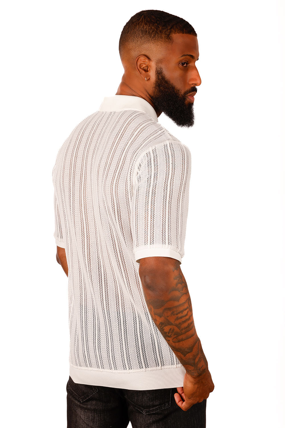 Barabas Men's Voven Crochet Stripped See Through Polo Shirts 3P14 White