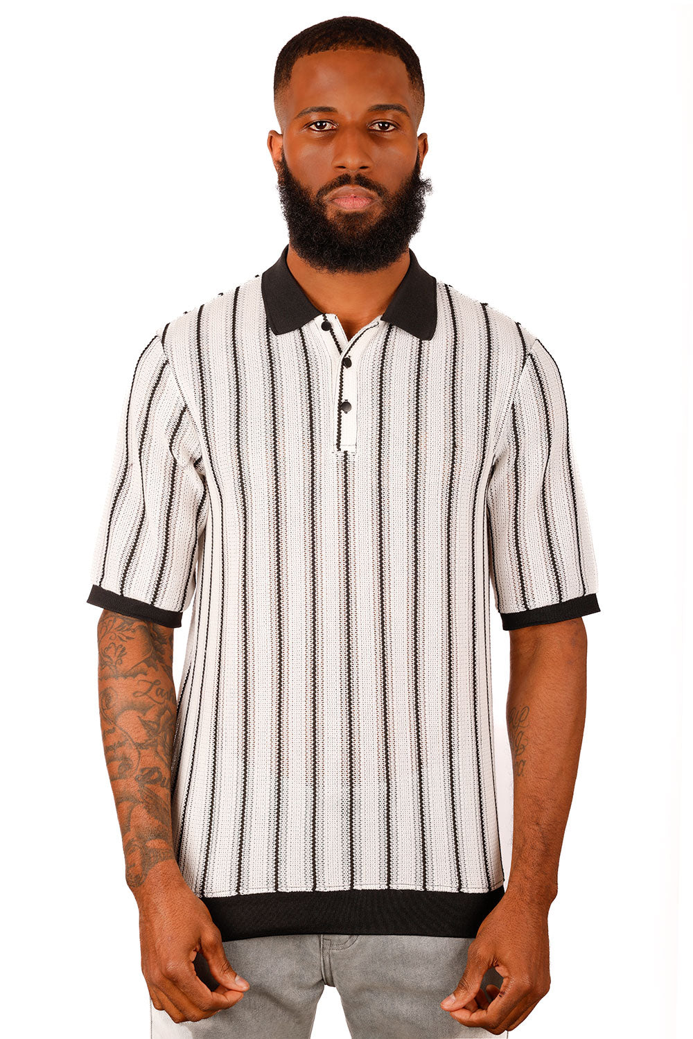 Barabas Men's Voven Crochet Stripped See Through Polo Shirts 3P14 White Black