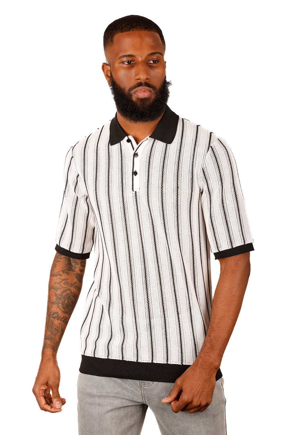 Barabas Men's Voven Crochet Stripped See Through Polo Shirts 3P14 White Black