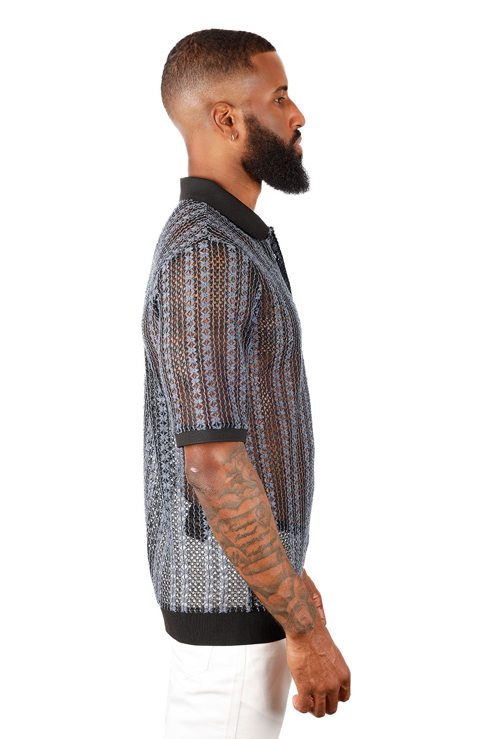 Barabas Men's Crochet Geometric Stripped See Through Polo Shirts 3P15 Black Navy