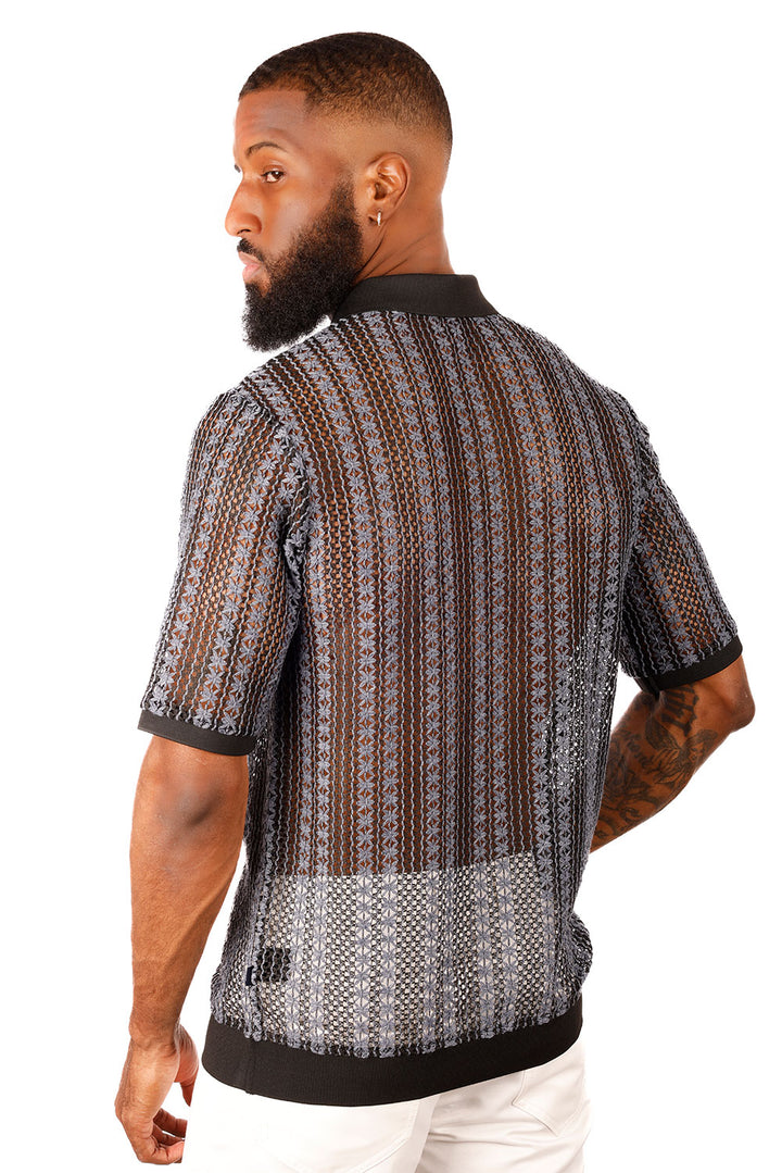 Barabas Men's Crochet Geometric Stripped See Through Polo Shirts 3P15 Black Navy