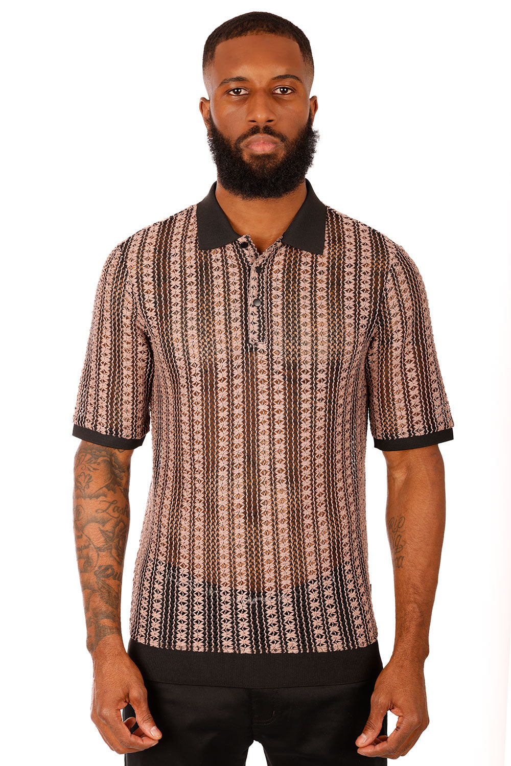 Barabas Men's Crochet Geometric Stripped See Through Polo Shirts 3P15 Black Taupe