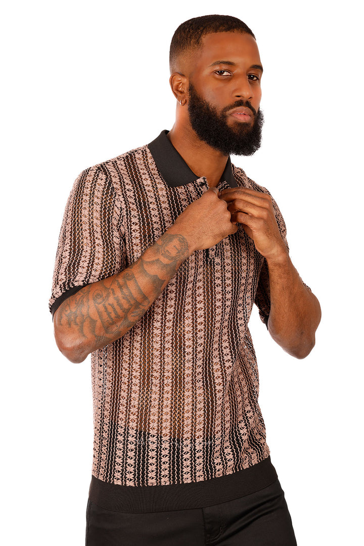 Barabas Men's Crochet Geometric Stripped See Through Polo Shirts 3P15 Black Taupe