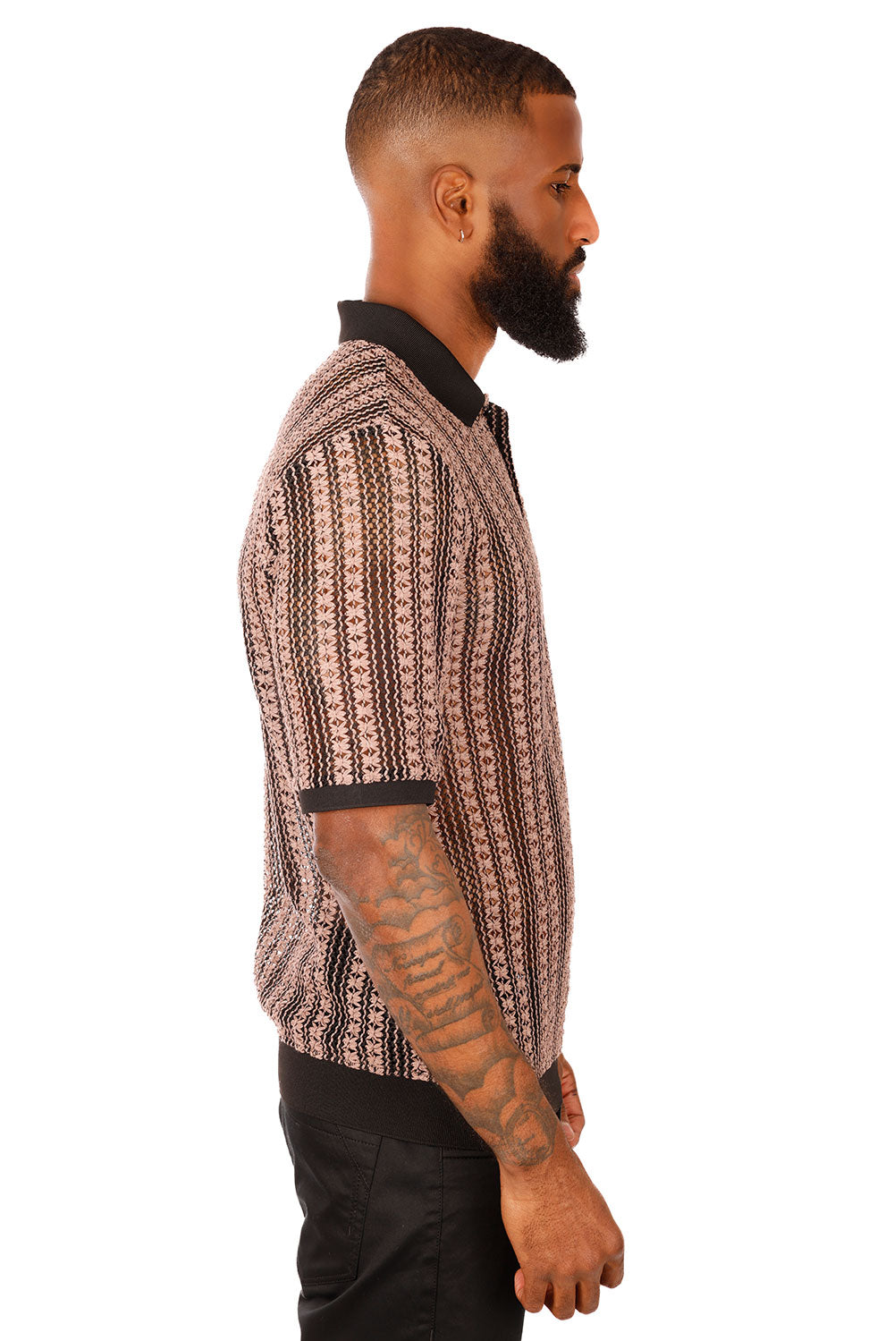 Barabas Men's Crochet Geometric Stripped See Through Polo Shirts 3P15 Black Taupe