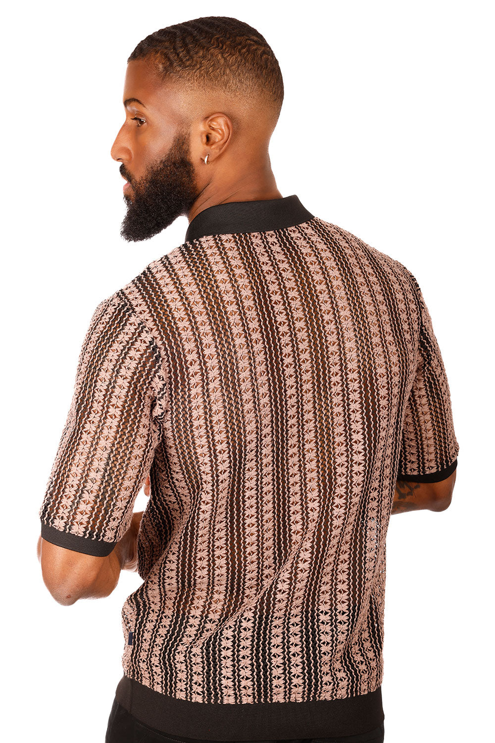 Barabas Men's Crochet Geometric Stripped See Through Polo Shirts 3P15 Black Taupe