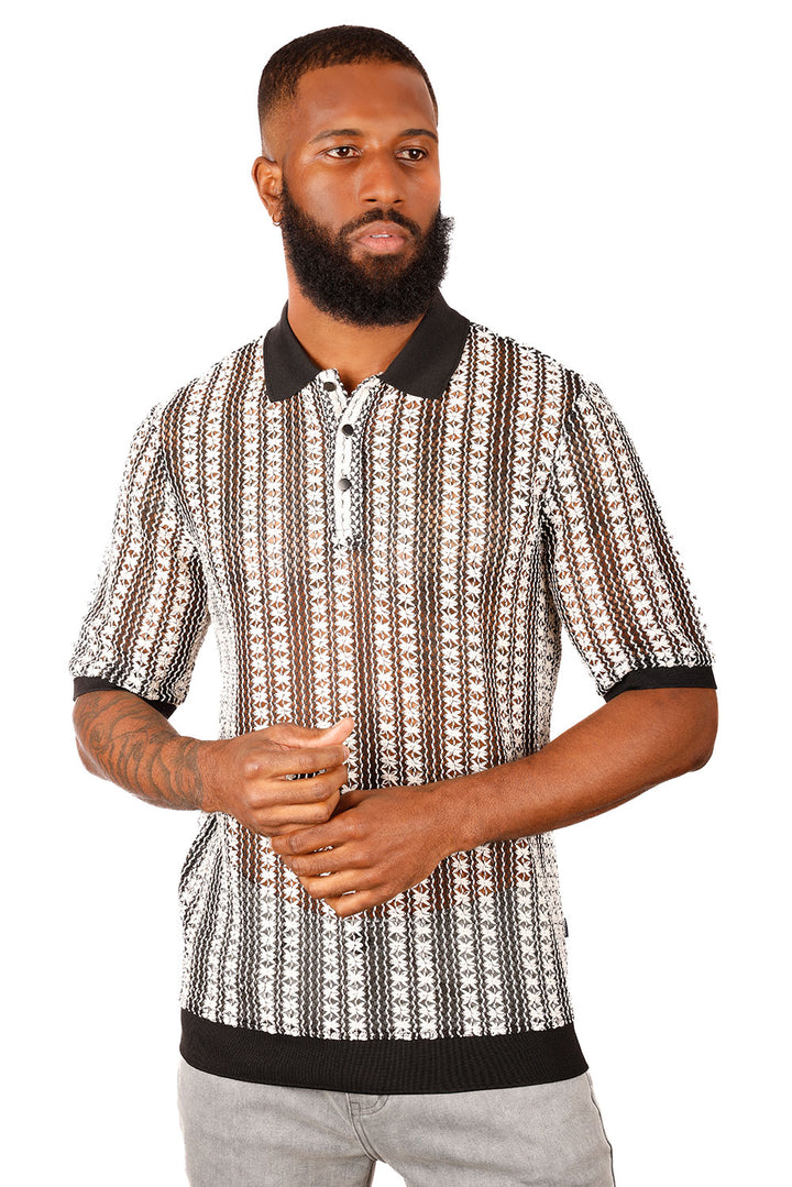 Barabas Men's Crochet Geometric Stripped See Through Polo Shirts 3P15 Black White