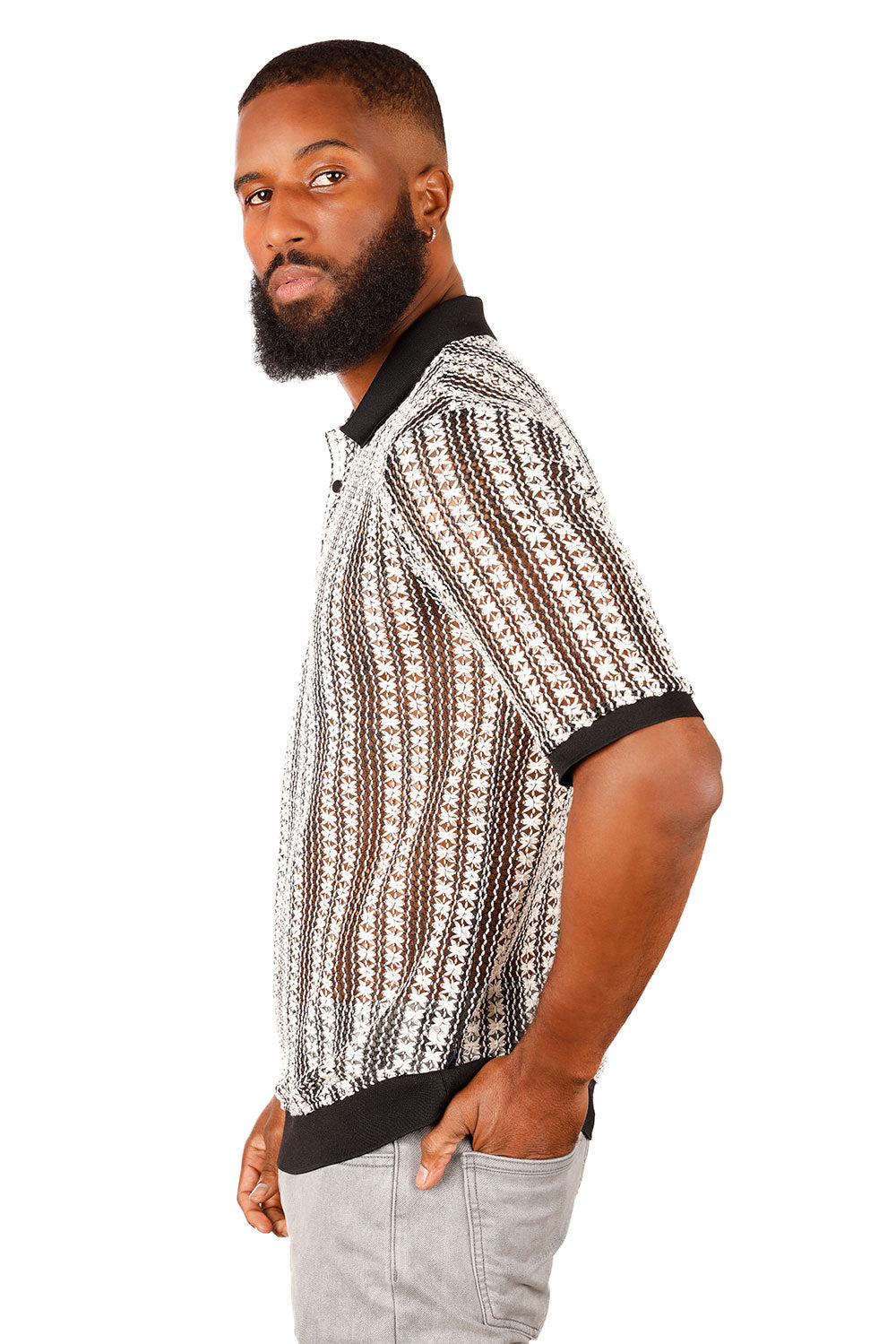 Barabas Men's Crochet Geometric Stripped See Through Polo Shirts 3P15 Black White