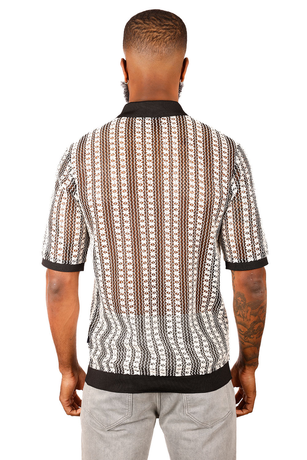 Barabas Men's Crochet Geometric Stripped See Through Polo Shirts 3P15 Black White