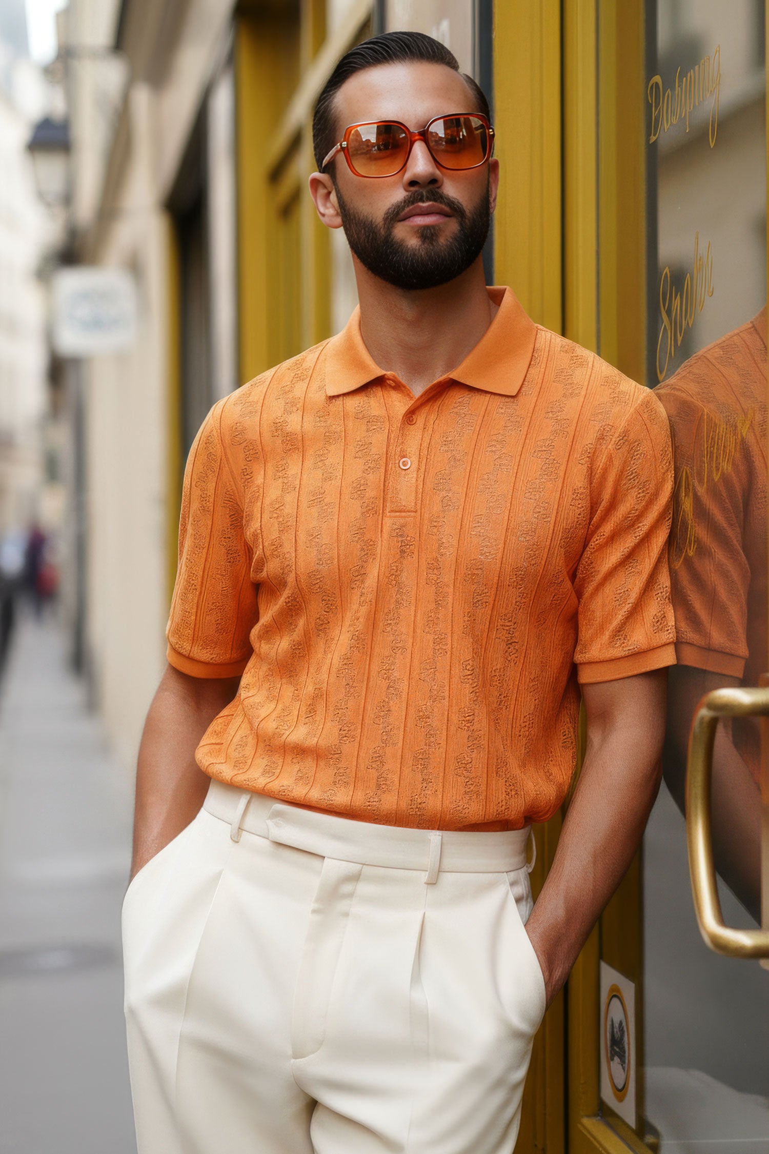 Barabas Men's French Crochet Floral Short Sleeve Polo Shirts 3P18  Orange