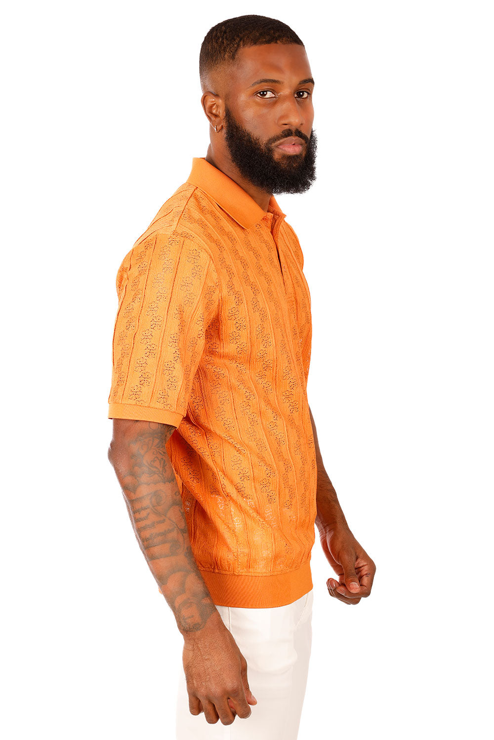 Barabas Men's French Crochet Floral Short Sleeve Polo Shirts 3P18 Orange
