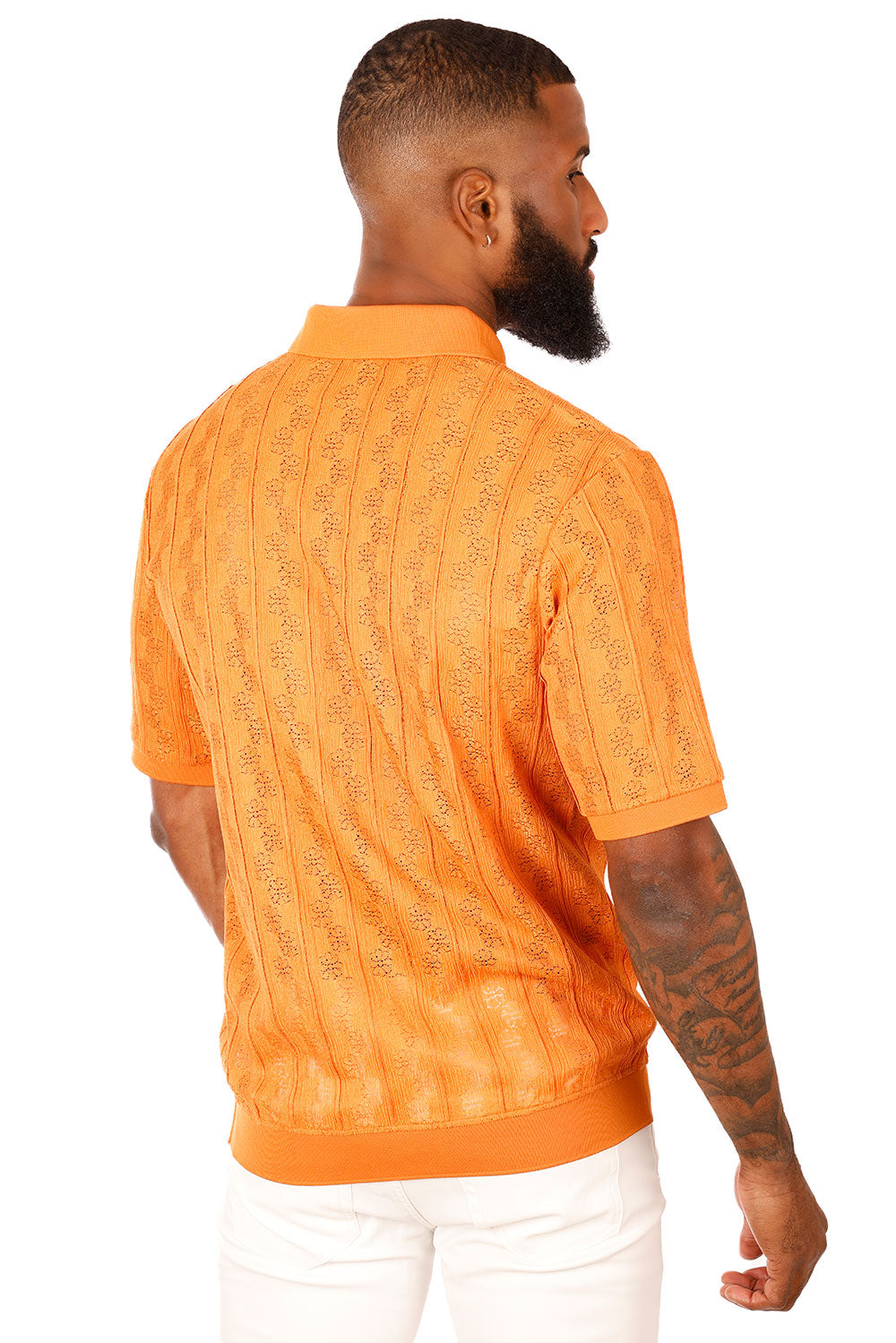 Barabas Men's French Crochet Floral Short Sleeve Polo Shirts 3P18 Orange