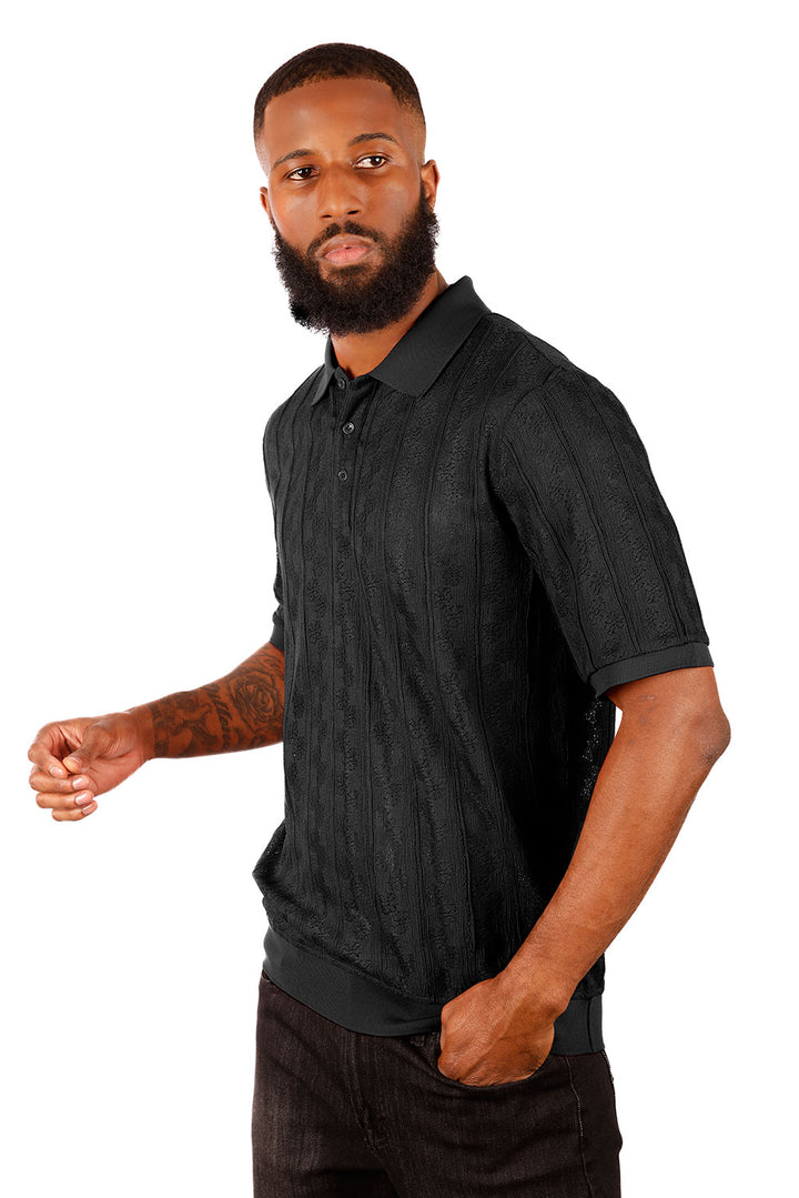 Barabas Men's French Crochet Floral Short Sleeve Polo Shirts 3P18 Black