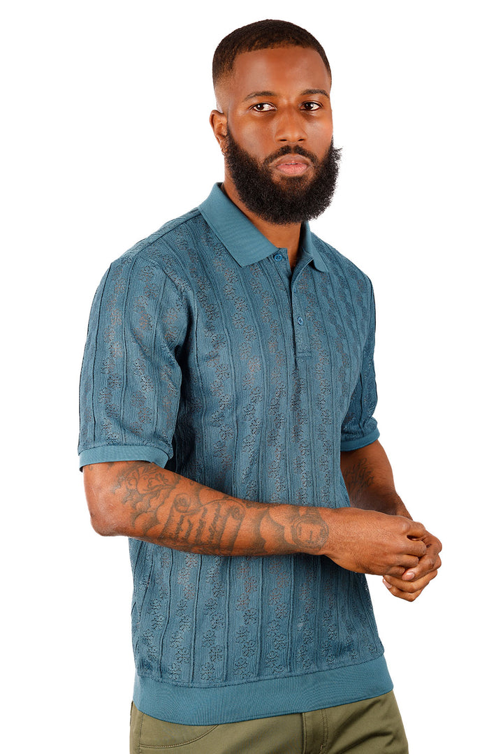 Barabas Men's French Crochet Floral Short Sleeve Polo Shirts 3P18 Blue