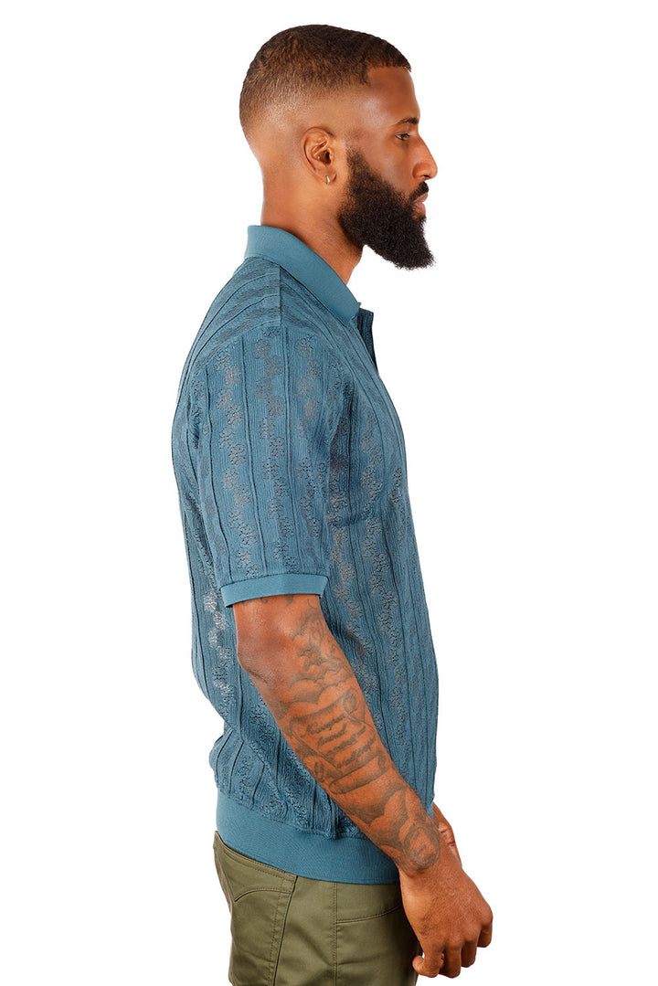 Barabas Men's French Crochet Floral Short Sleeve Polo Shirts 3P18 Blue