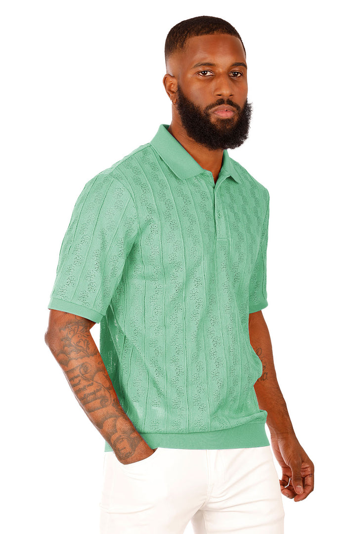 Barabas Men's French Crochet Floral Short Sleeve Polo Shirts 3P18 Green