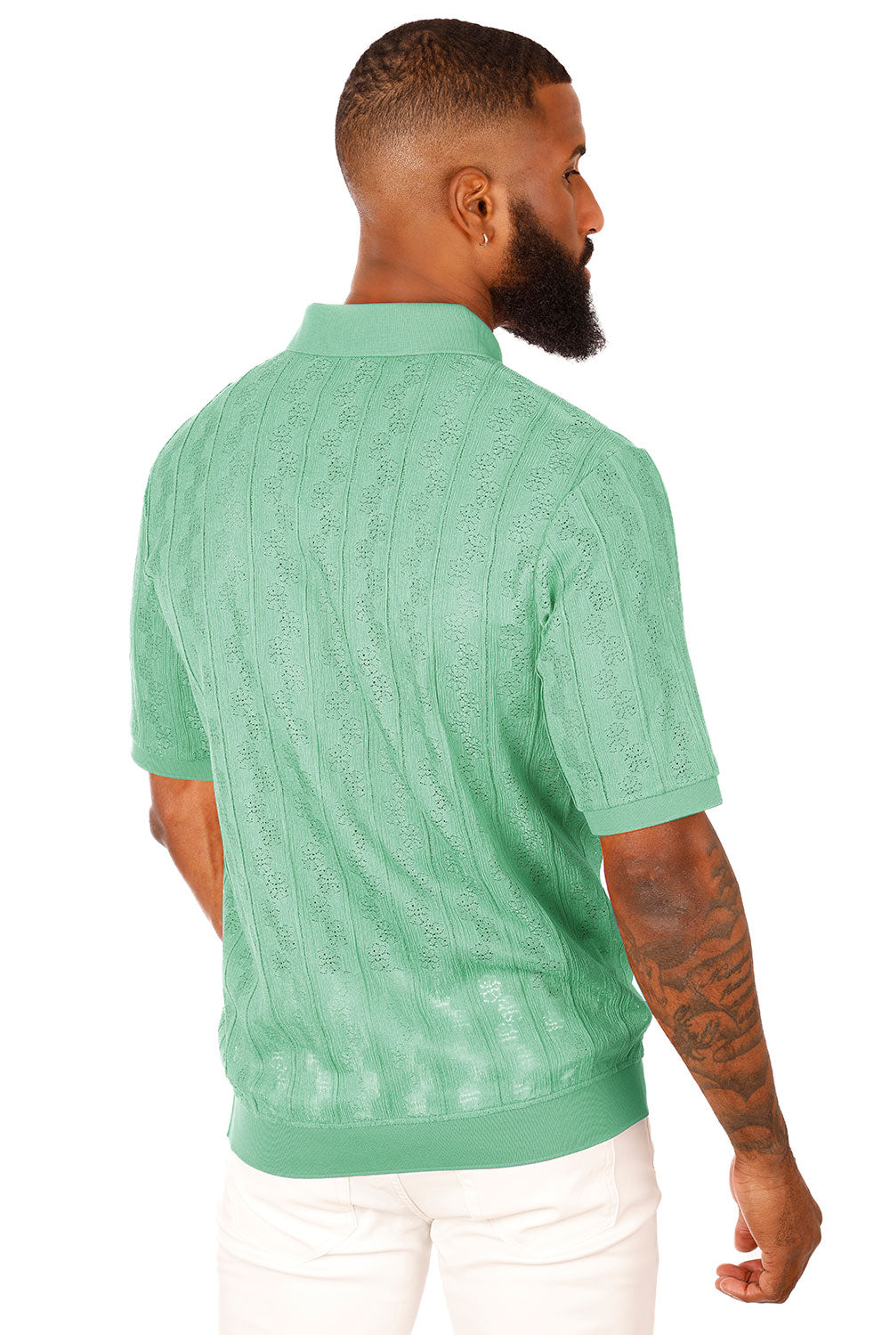 Barabas Men's French Crochet Floral Short Sleeve Polo Shirts 3P18 Green