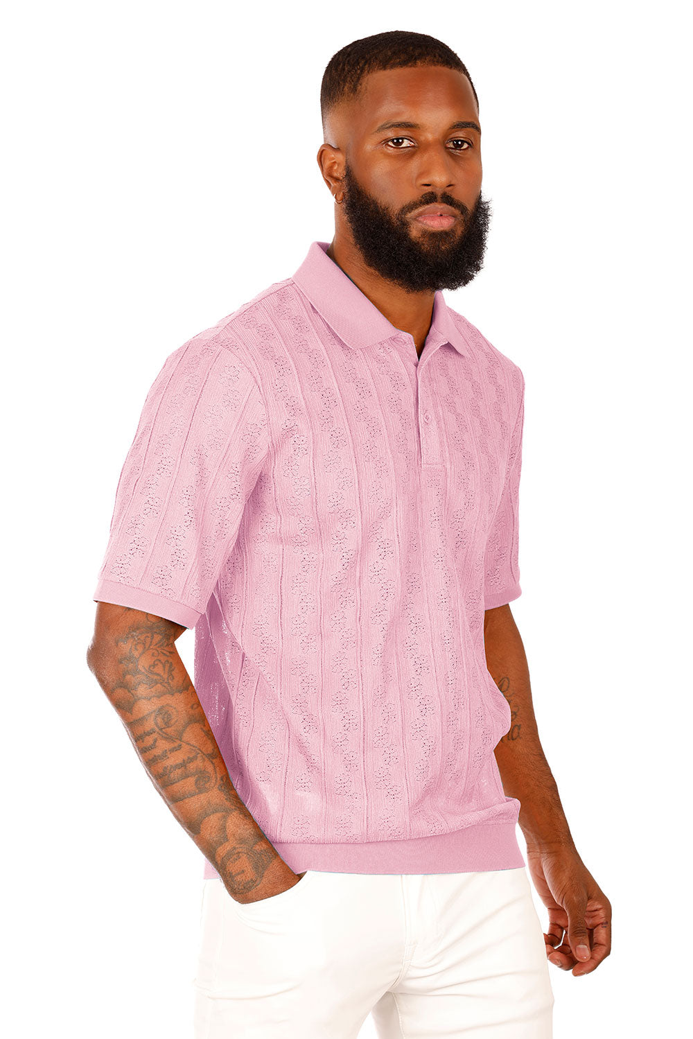 Barabas Men's French Crochet Floral Short Sleeve Polo Shirts 3P18 Pink