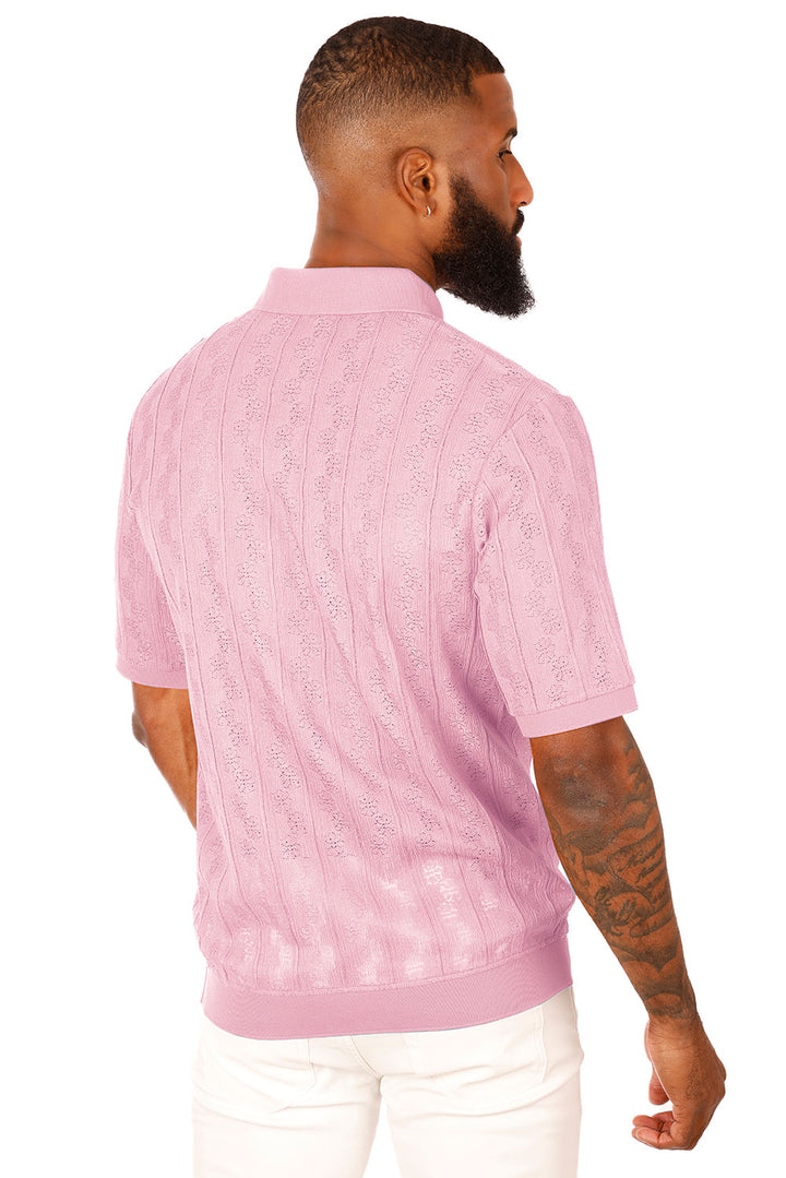 Barabas Men's French Crochet Floral Short Sleeve Polo Shirts 3P18 Pink