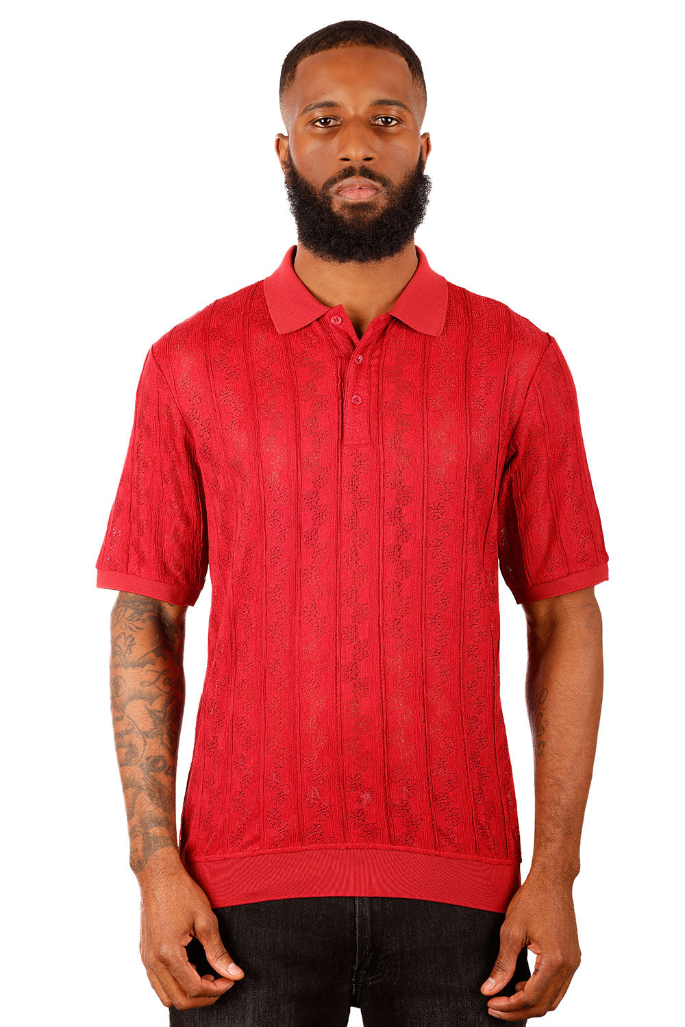 Barabas Men's French Crochet Floral Short Sleeve Polo Shirts 3P18 Red