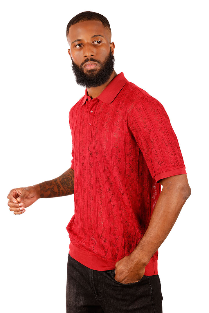 Barabas Men's French Crochet Floral Short Sleeve Polo Shirts 3P18 Red
