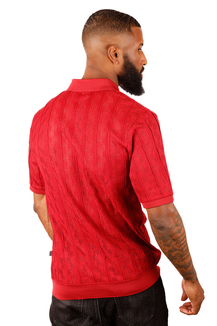 Barabas Men's French Crochet Floral Short Sleeve Polo Shirts 3P18 Red